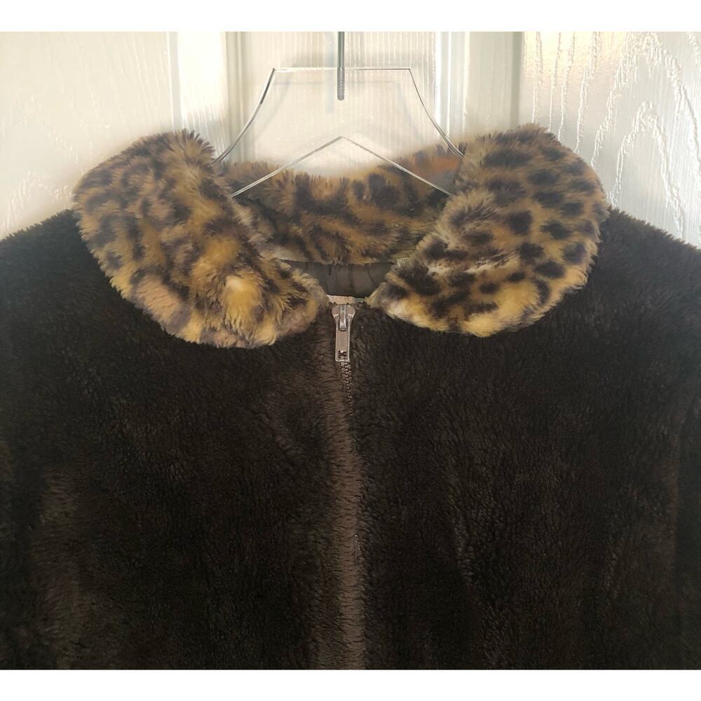 Vintage Christie Brooks Brown Faux Fur Cheetah Collar Jacket Y2K - Girl's L (14) - Picture 2 of 9